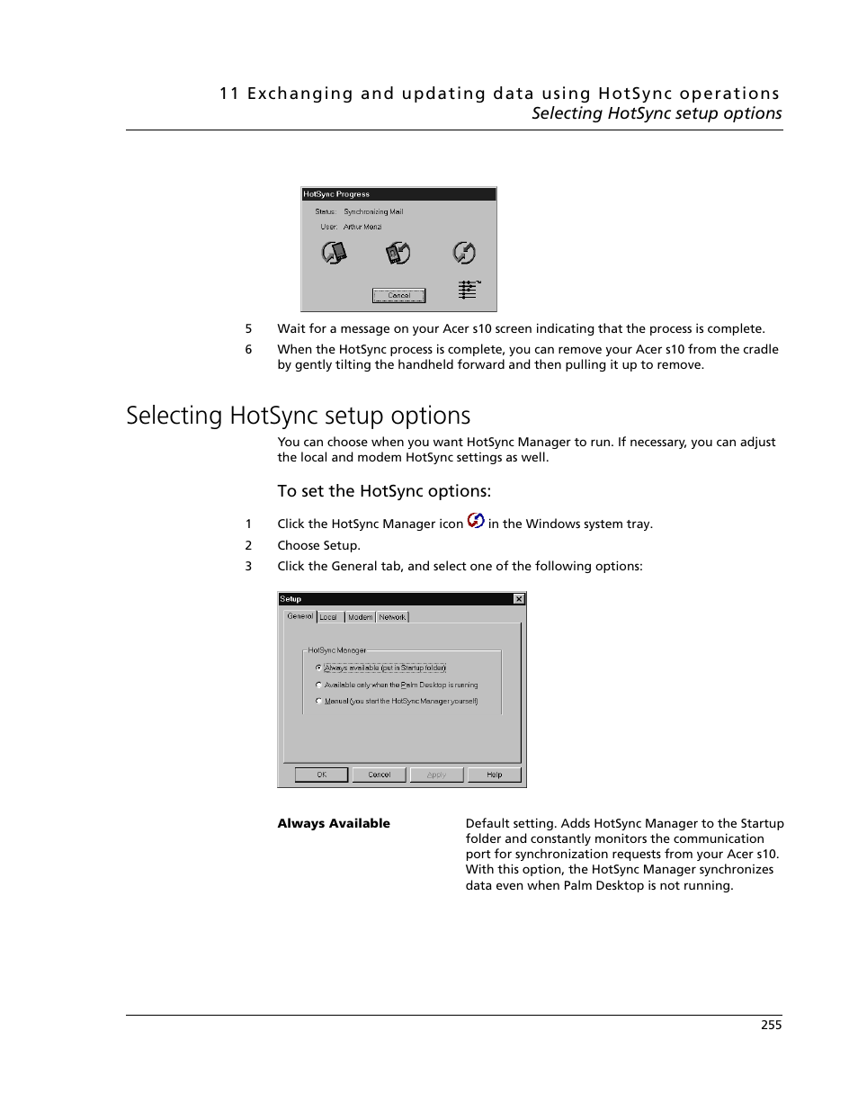 Selecting hotsync setup options | Acer s10 User Manual | Page 273 / 338