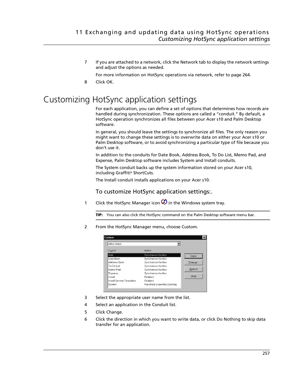 Customizing hotsync application settings | Acer s10 User Manual | Page 275 / 338