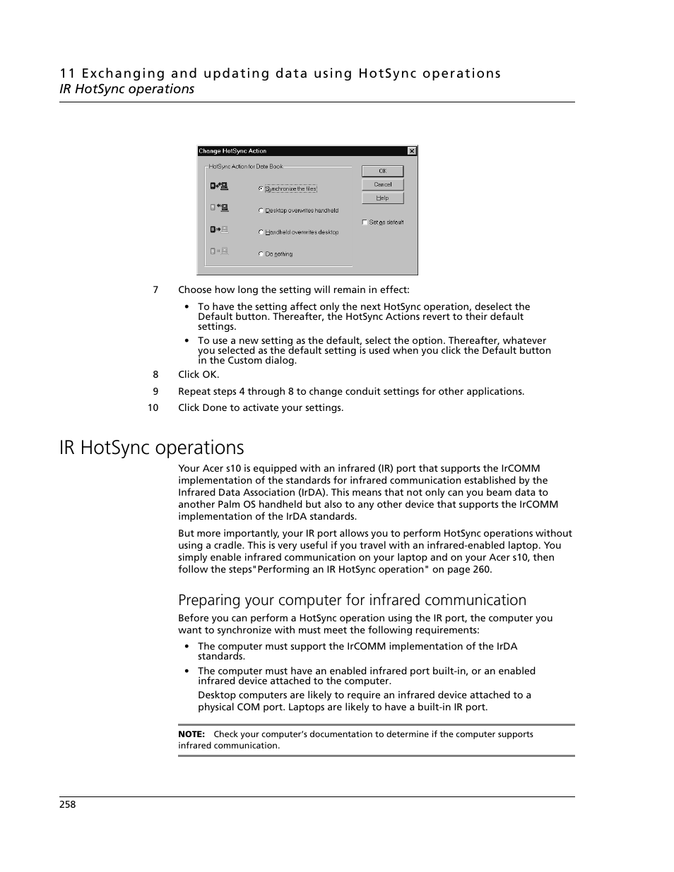 Ir hotsync operations, Preparing your computer for infrared communication | Acer s10 User Manual | Page 276 / 338