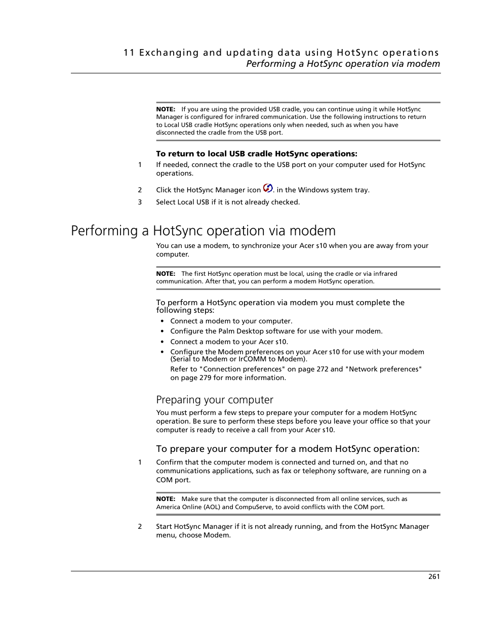 Performing a hotsync operation via modem, Preparing your computer | Acer s10 User Manual | Page 279 / 338