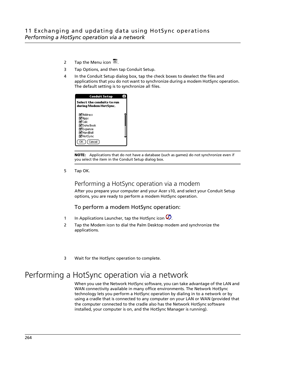 Performing a hotsync operation via a modem, Performing a hotsync operation via a network | Acer s10 User Manual | Page 282 / 338