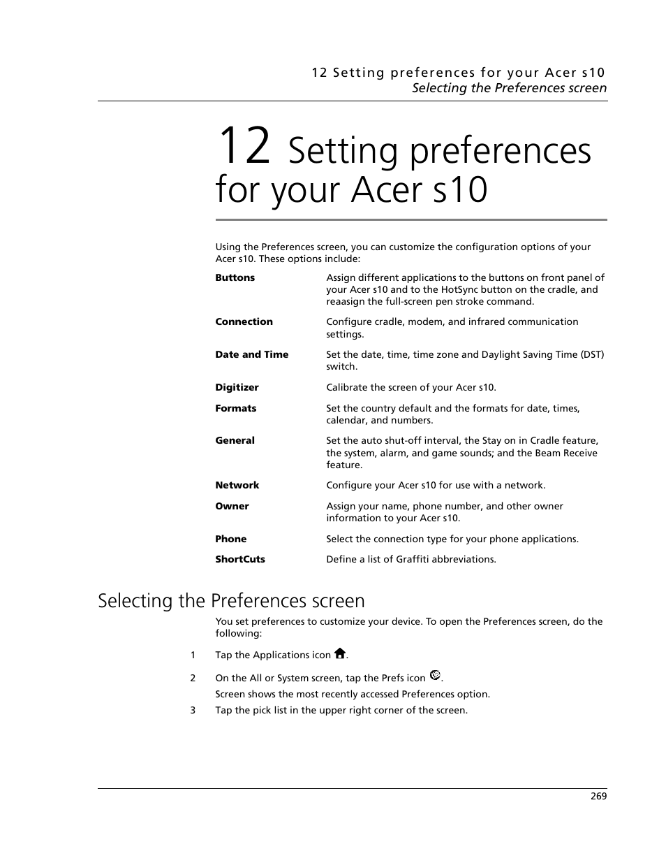12 setting preferences for your acer s10, Selecting the preferences screen, Setting preferences for your acer s10 | Acer s10 User Manual | Page 287 / 338
