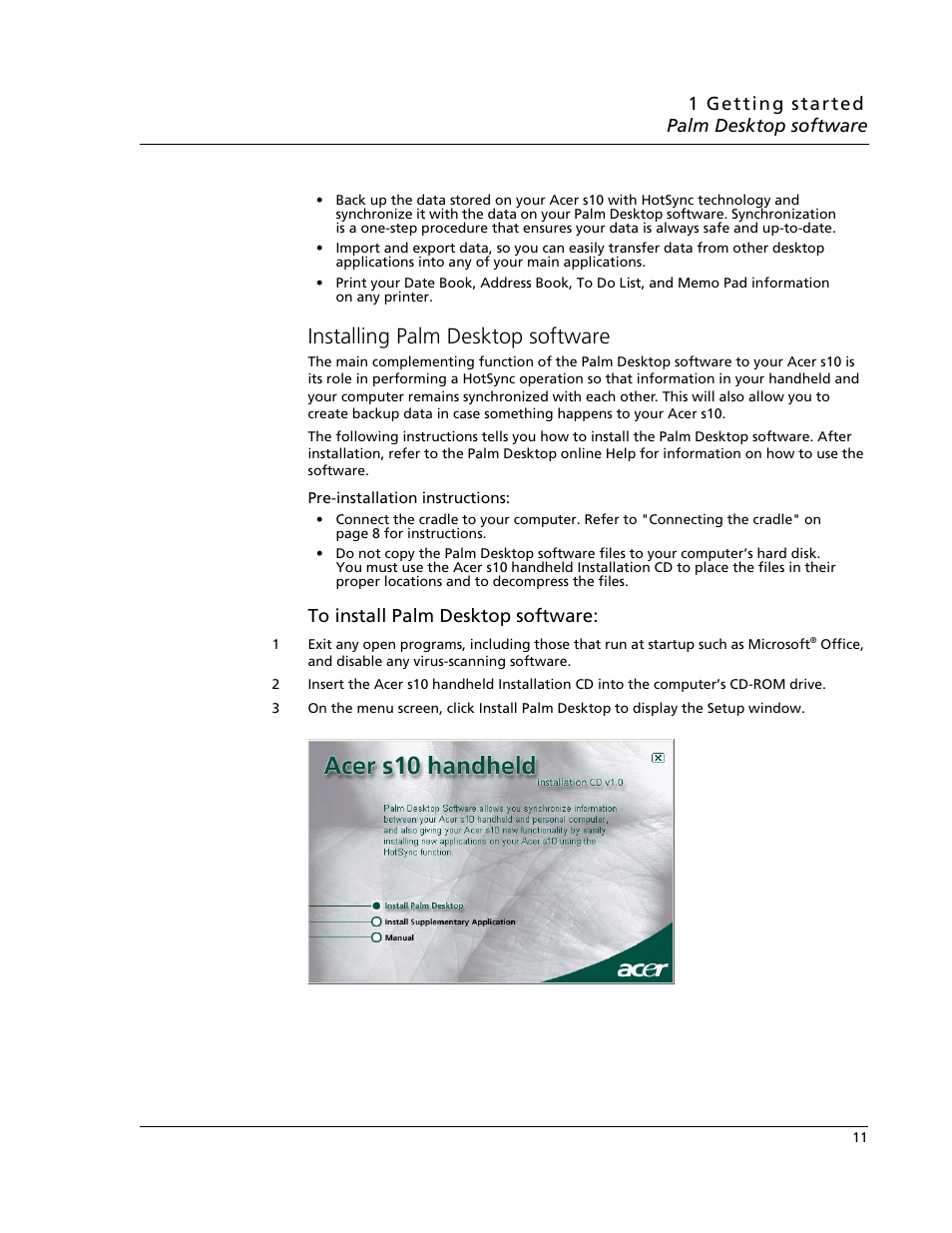 Installing palm desktop software | Acer s10 User Manual | Page 29 / 338