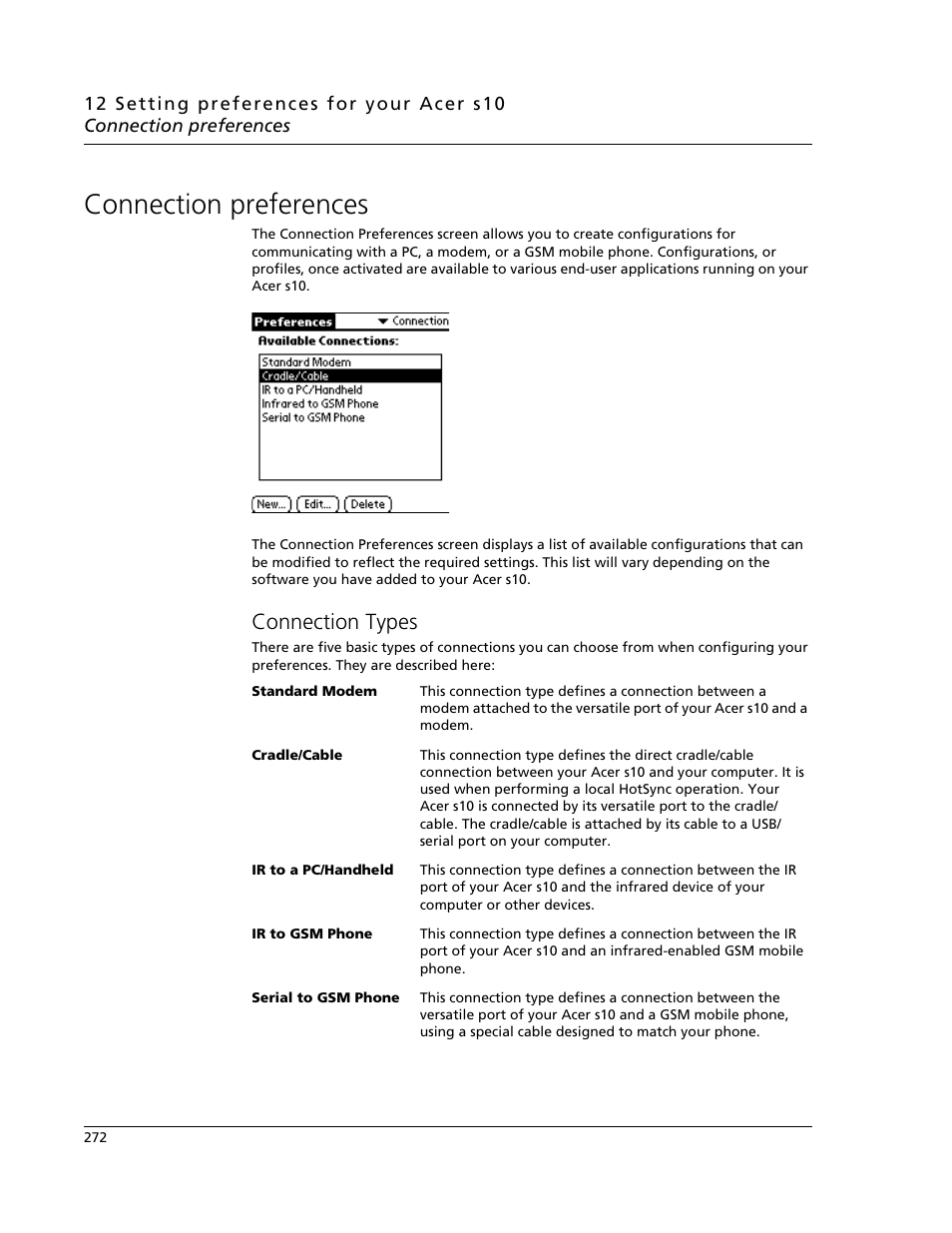 Connection preferences, Connection types | Acer s10 User Manual | Page 290 / 338