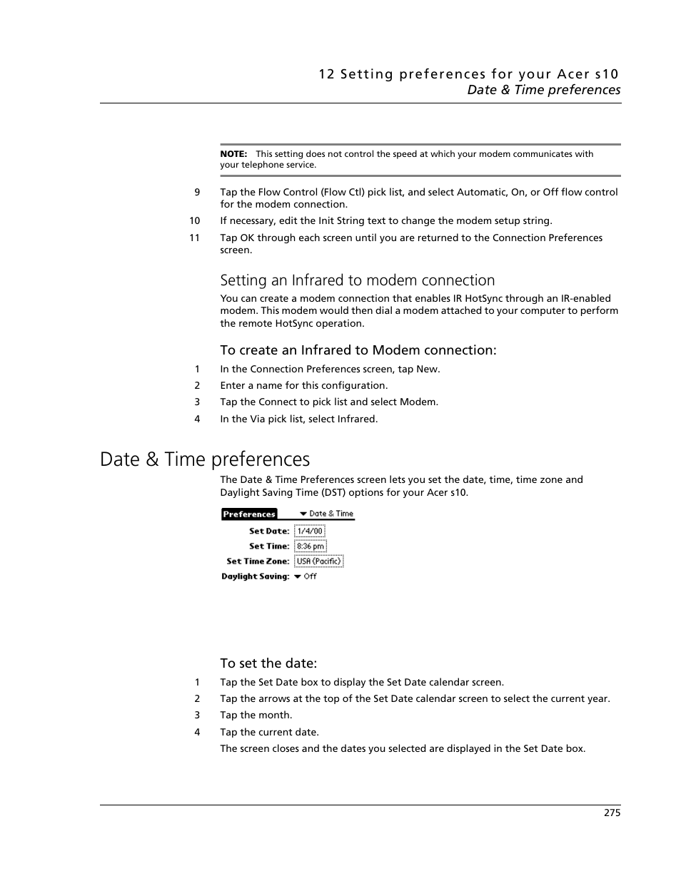 Setting an infrared to modem connection, Date & time preferences | Acer s10 User Manual | Page 293 / 338