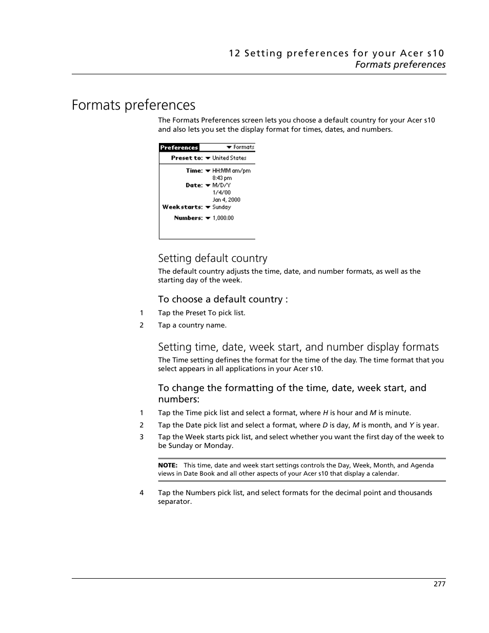 Formats preferences, Setting default country | Acer s10 User Manual | Page 295 / 338