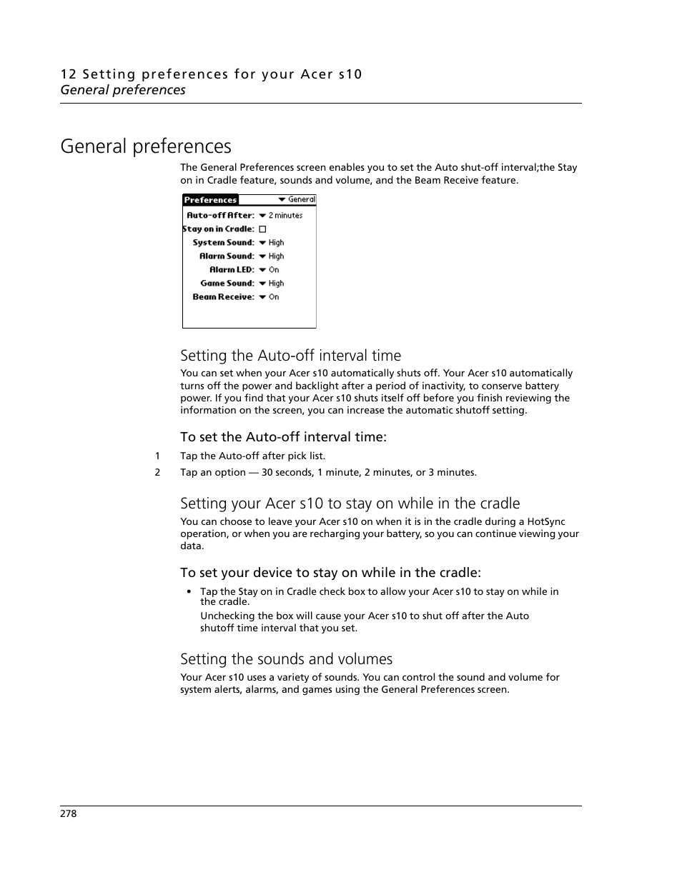 General preferences, Setting the auto-off interval time, Setting the sounds and volumes | Acer s10 User Manual | Page 296 / 338