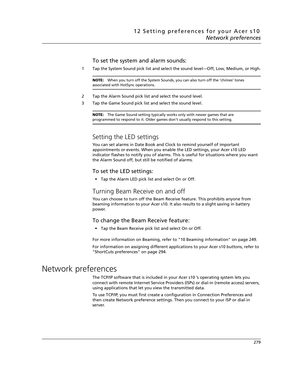 Setting the led settings, Turning beam receive on and off, Network preferences | Acer s10 User Manual | Page 297 / 338