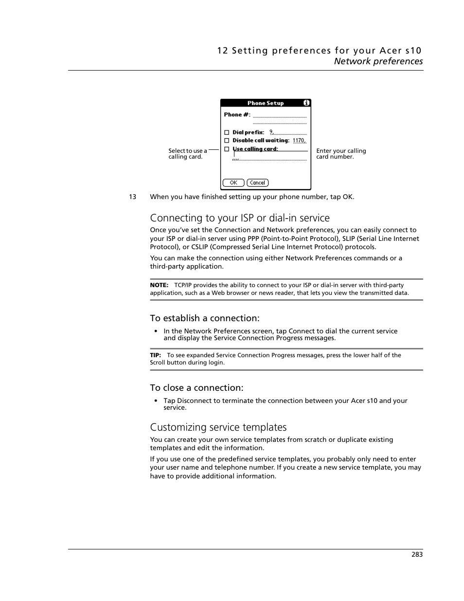 Connecting to your isp or dial-in service, Customizing service templates | Acer s10 User Manual | Page 301 / 338