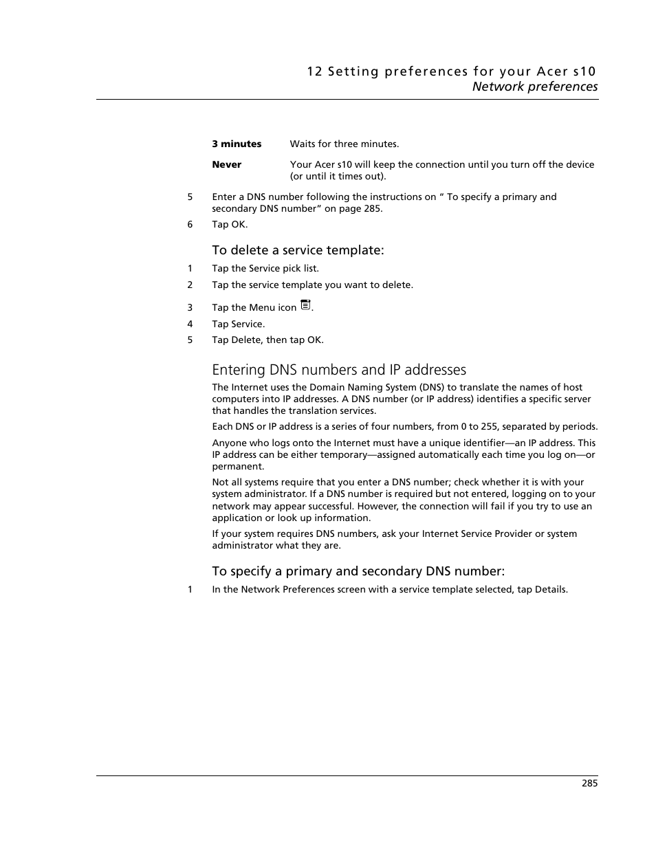 Entering dns numbers and ip addresses | Acer s10 User Manual | Page 303 / 338