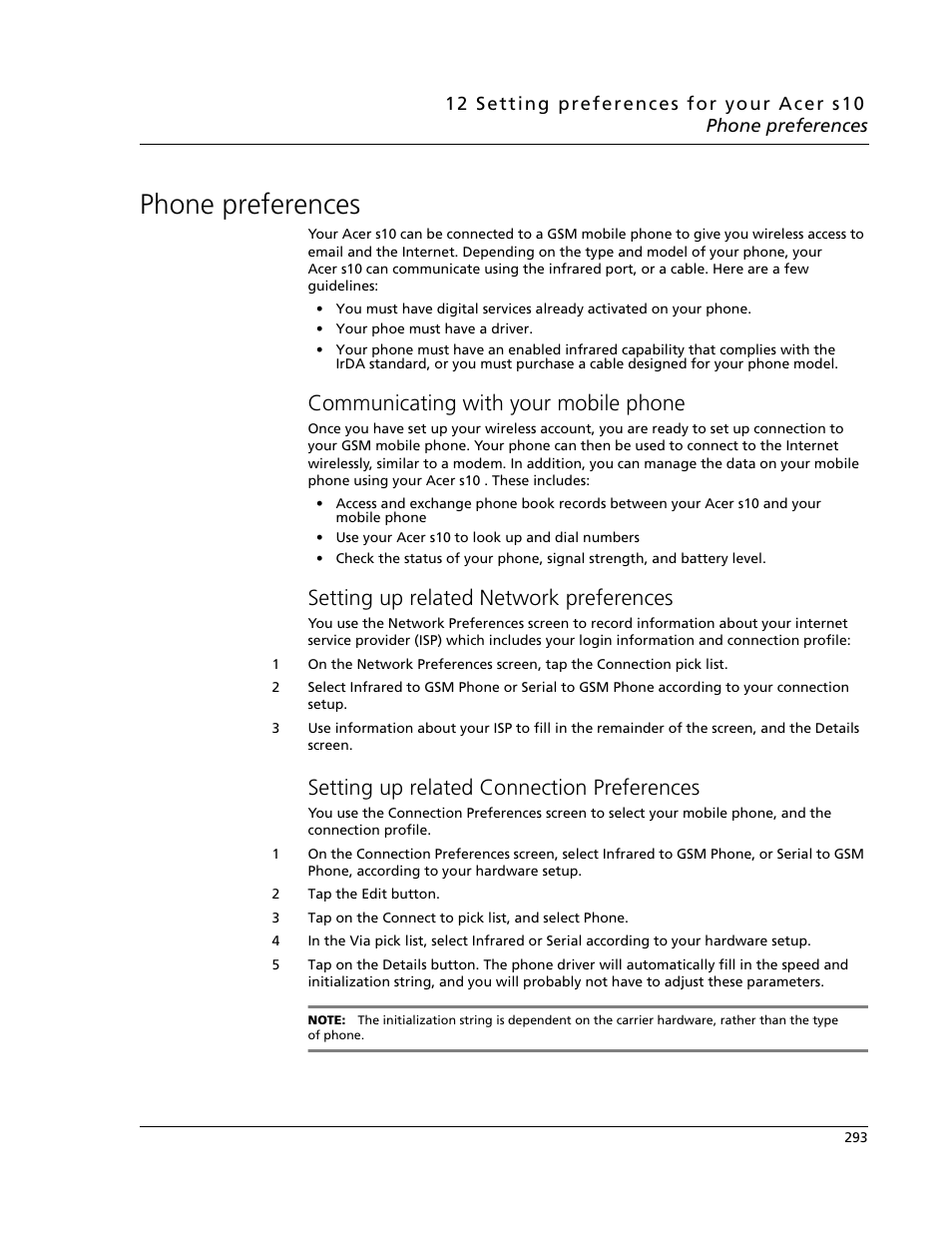 Phone preferences, Communicating with your mobile phone, Setting up related network preferences | Setting up related connection preferences | Acer s10 User Manual | Page 311 / 338