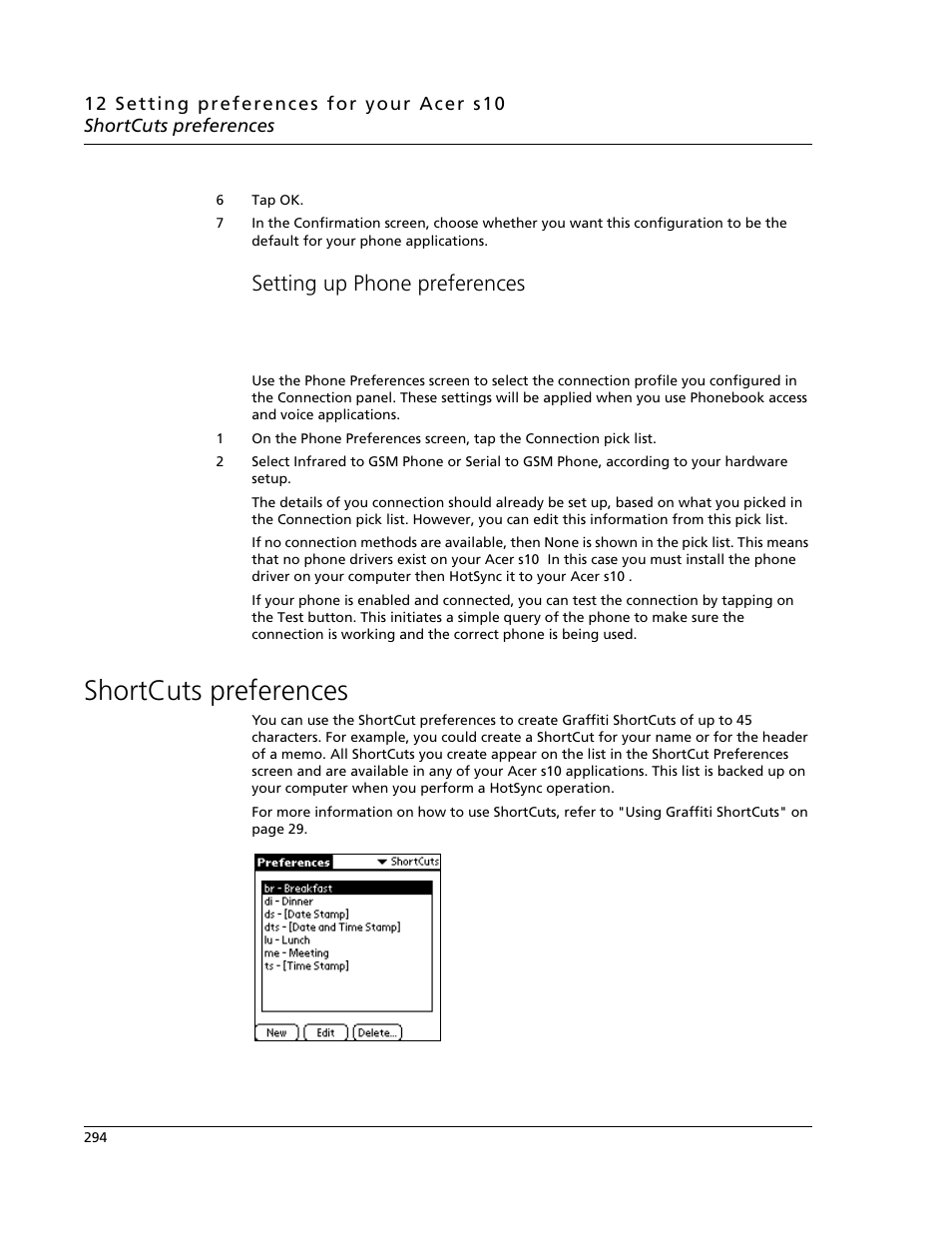 Setting up phone preferences, Shortcuts preferences | Acer s10 User Manual | Page 312 / 338