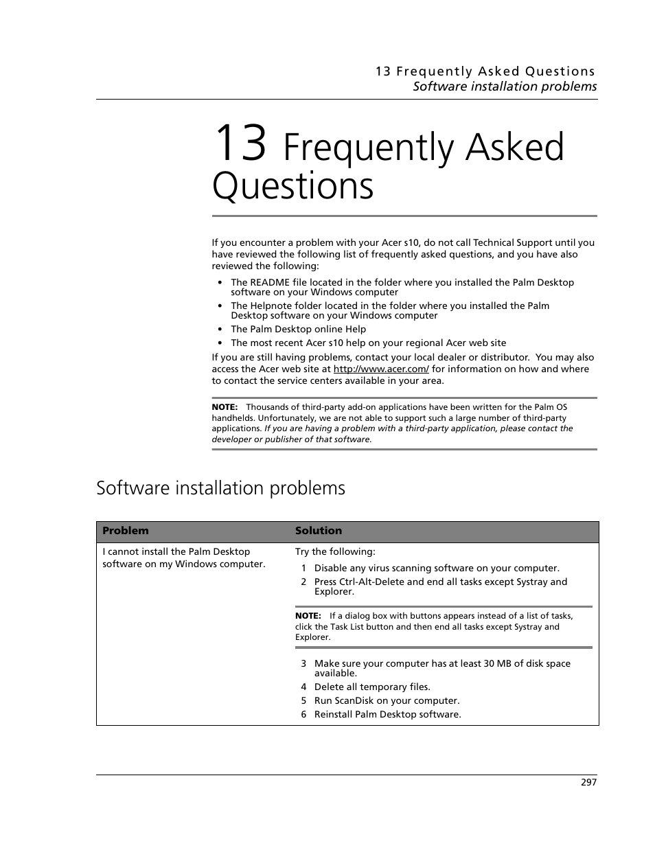 13 frequently asked questions, Software installation problems, Frequently asked questions | Acer s10 User Manual | Page 315 / 338