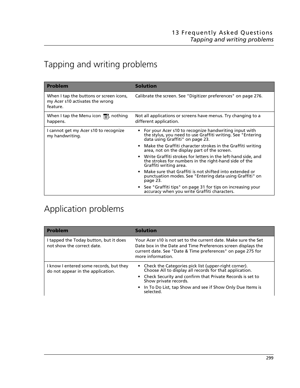 Tapping and writing problems, Application problems, Tapping and writing problems application problems | Acer s10 User Manual | Page 317 / 338