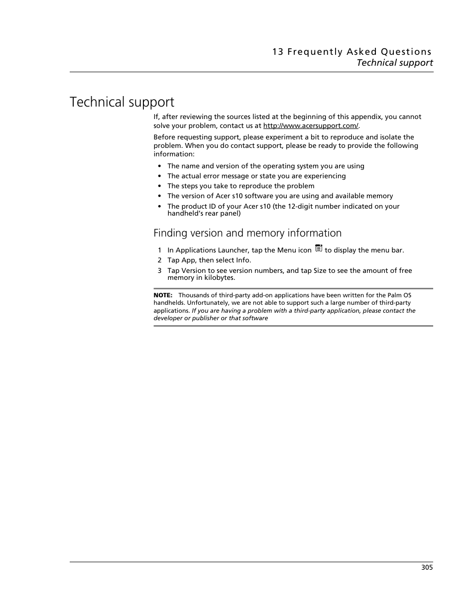 Technical support, Finding version and memory information | Acer s10 User Manual | Page 323 / 338