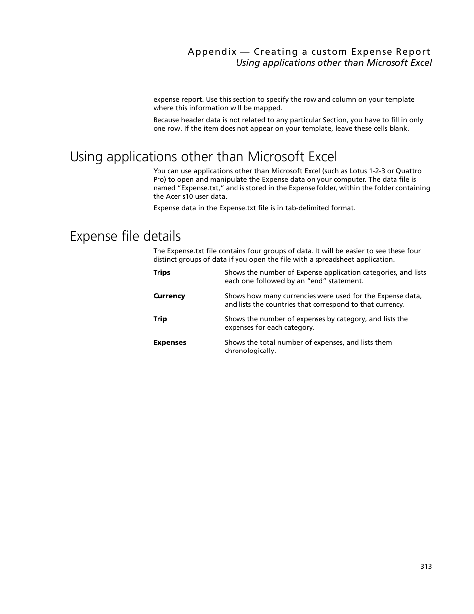 Using applications other than microsoft excel, Expense file details | Acer s10 User Manual | Page 331 / 338