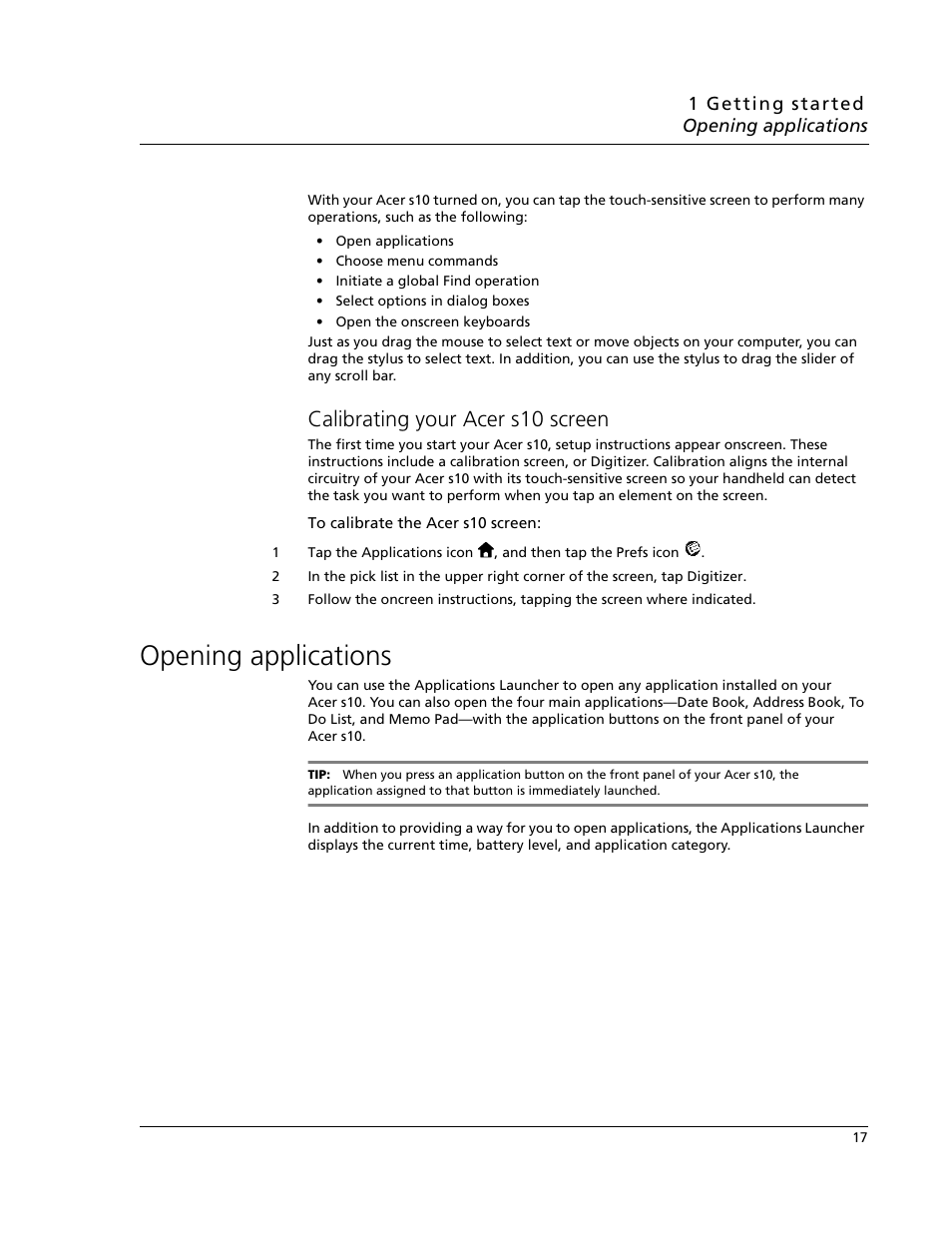 Calibrating your acer s10 screen, Opening applications | Acer s10 User Manual | Page 35 / 338