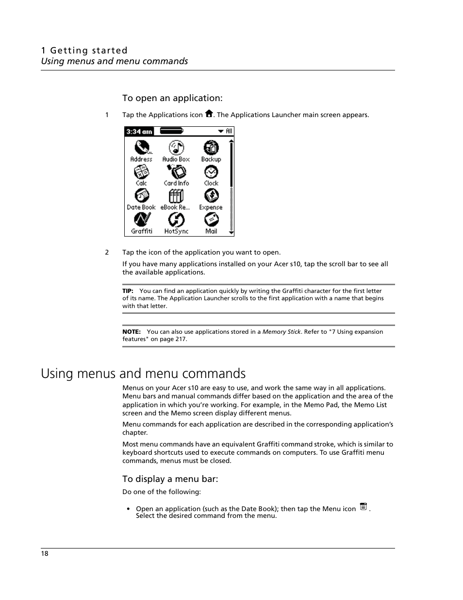 Using menus and menu commands | Acer s10 User Manual | Page 36 / 338