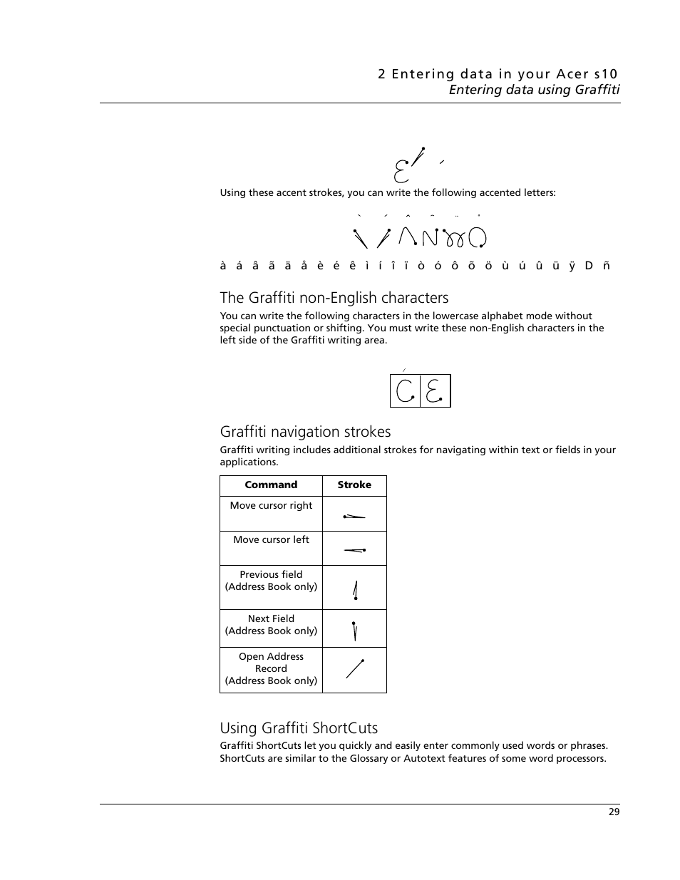 The graffiti non-english characters, Graffiti navigation strokes, Using graffiti shortcuts | Acer s10 User Manual | Page 47 / 338