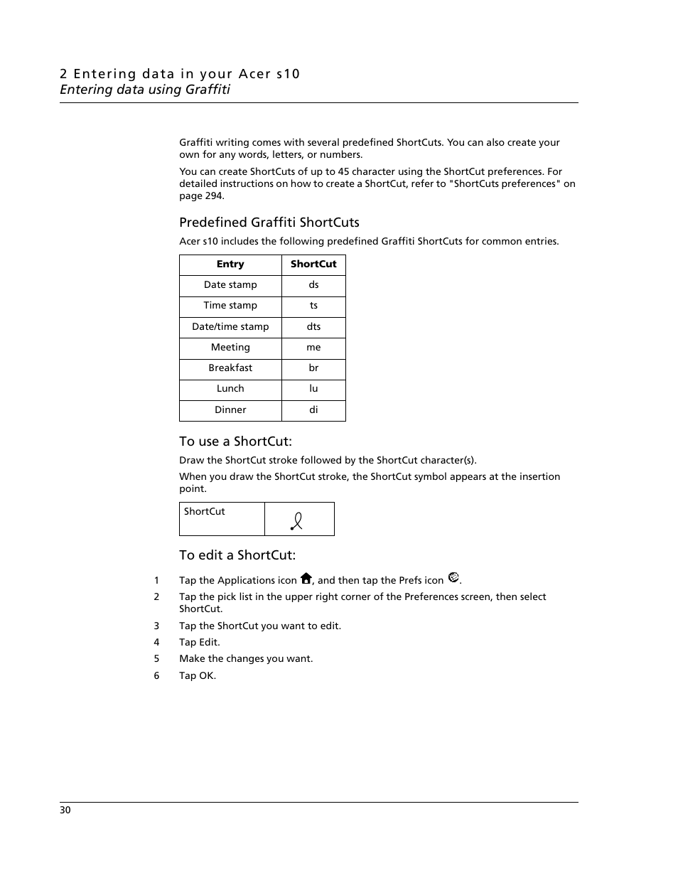Predefined graffiti shortcuts | Acer s10 User Manual | Page 48 / 338