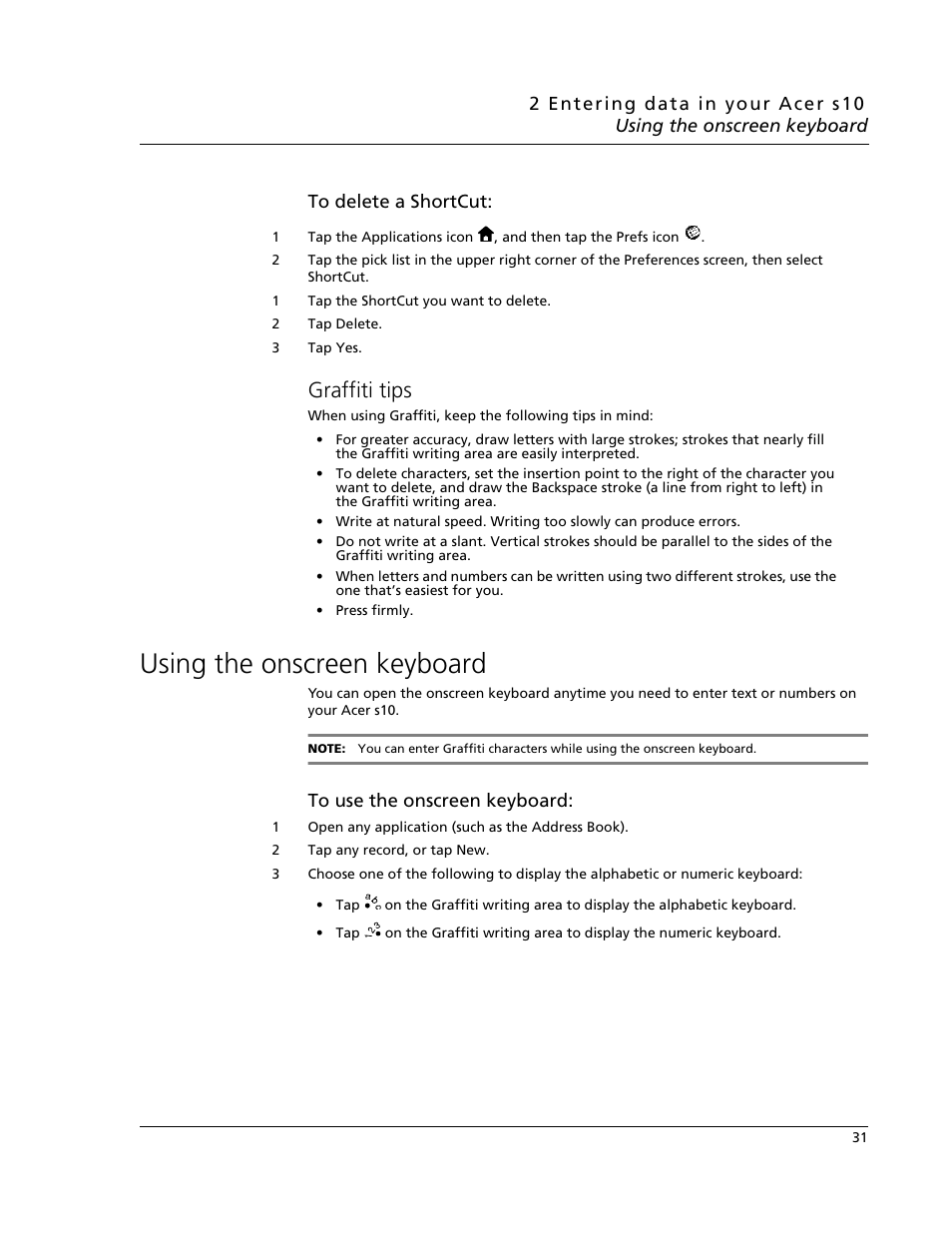 Graffiti tips, Using the onscreen keyboard | Acer s10 User Manual | Page 49 / 338