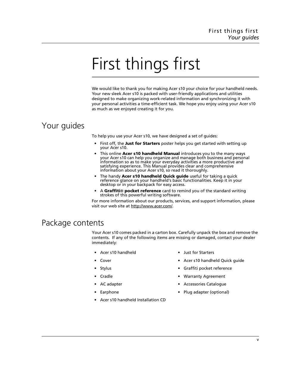 First things first, Your guides, Package contents | Acer s10 User Manual | Page 5 / 338