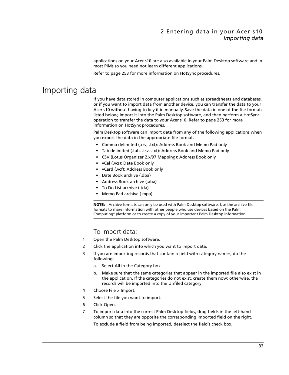 Importing data, To import data | Acer s10 User Manual | Page 51 / 338