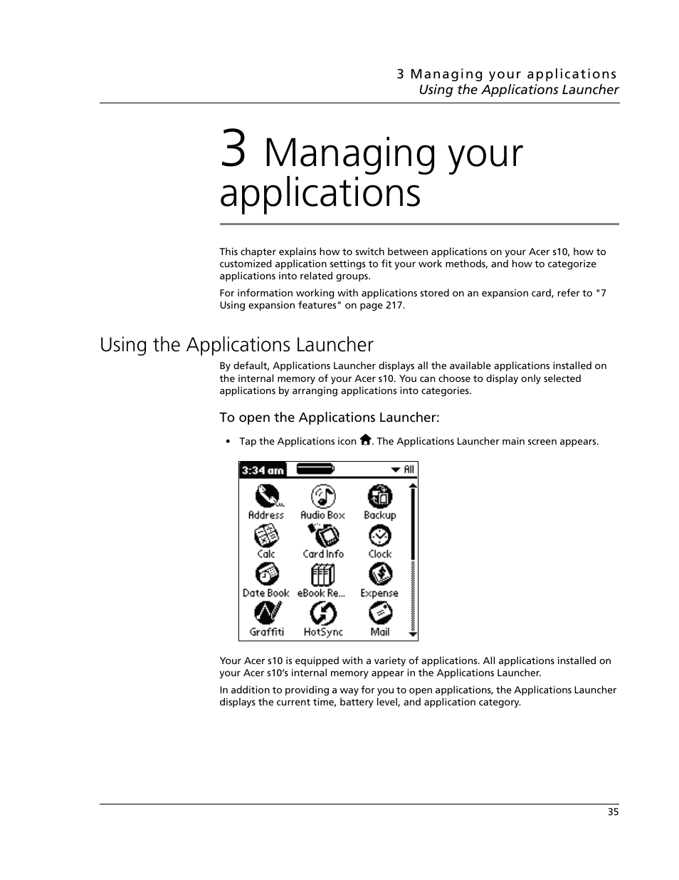 3 managing your applications, Using the applications launcher, Managing your applications | Acer s10 User Manual | Page 53 / 338