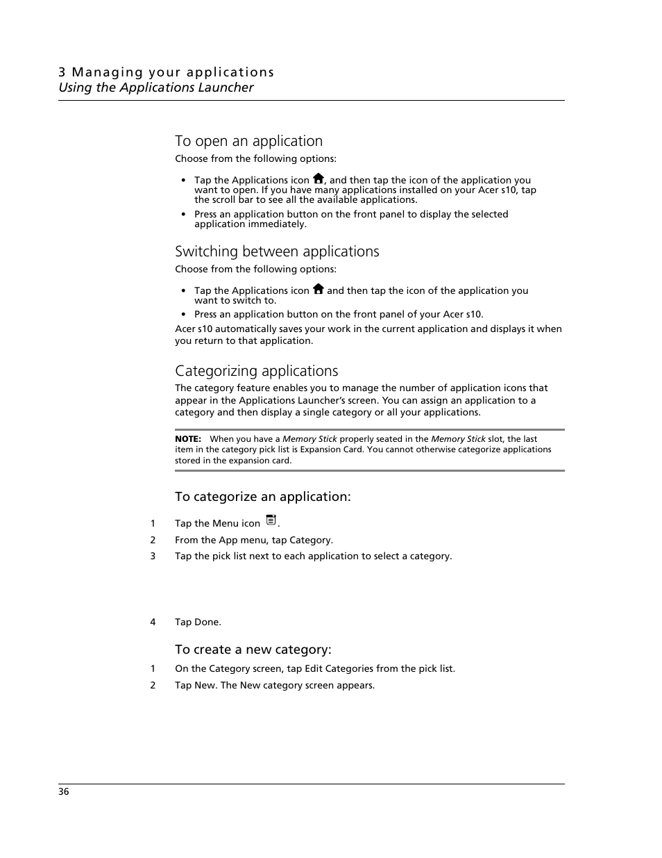To open an application, Switching between applications, Categorizing applications | Acer s10 User Manual | Page 54 / 338