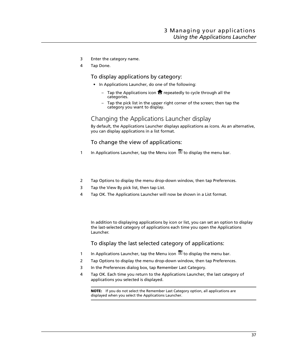 Changing the applications launcher display | Acer s10 User Manual | Page 55 / 338