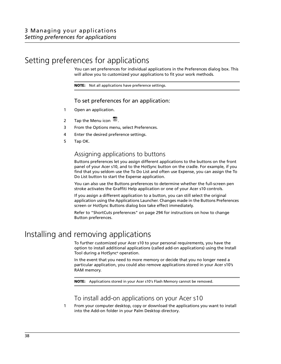 Setting preferences for applications, Assigning applications to buttons, Installing and removing applications | To install add-on applications on your acer s10 | Acer s10 User Manual | Page 56 / 338