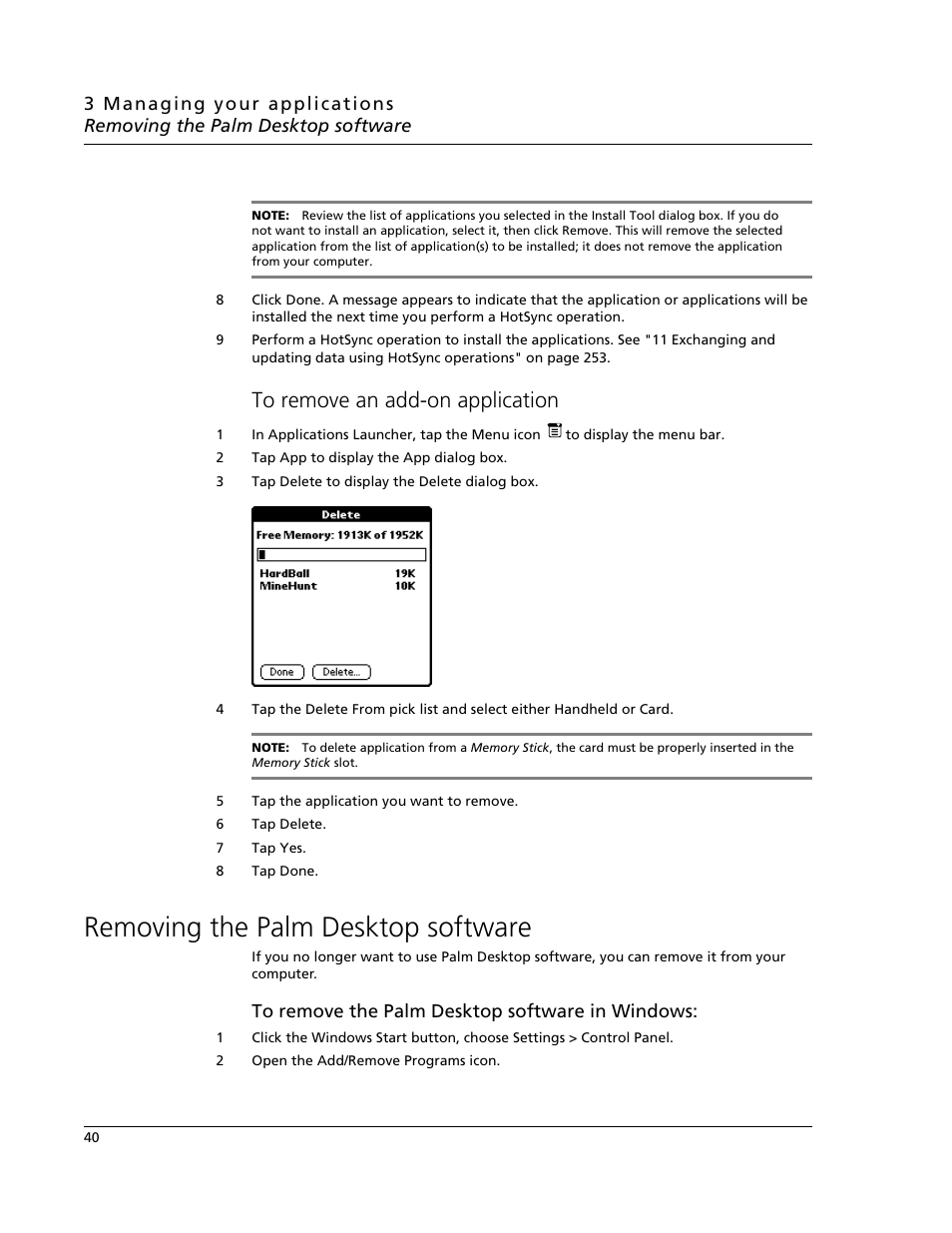 To remove an add-on application, Removing the palm desktop software | Acer s10 User Manual | Page 58 / 338