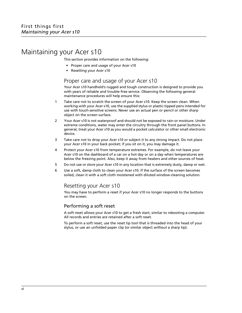 Maintaining your acer s10, Proper care and usage of your acer s10, Resetting your acer s10 | Acer s10 User Manual | Page 6 / 338