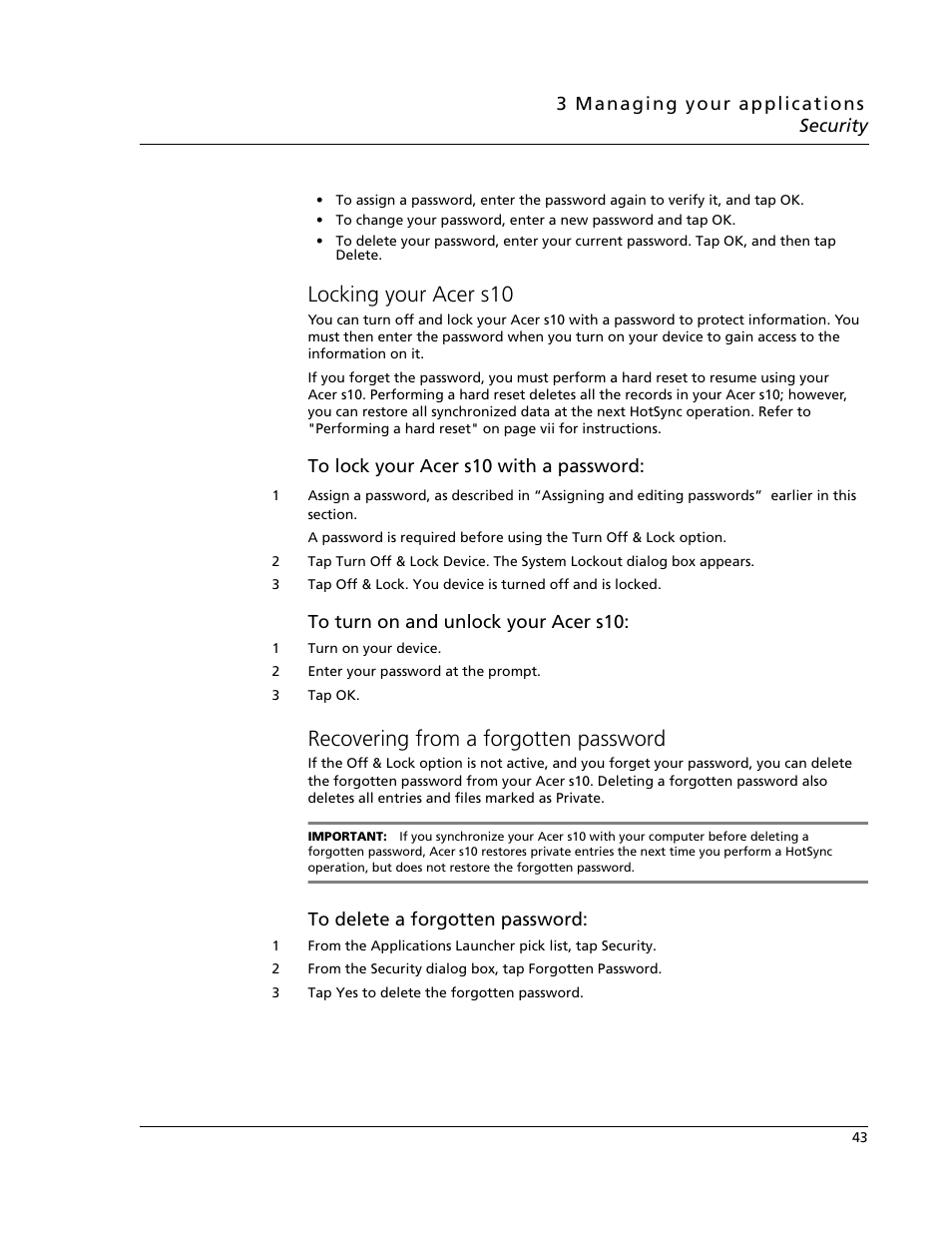 Locking your acer s10, Recovering from a forgotten password | Acer s10 User Manual | Page 61 / 338