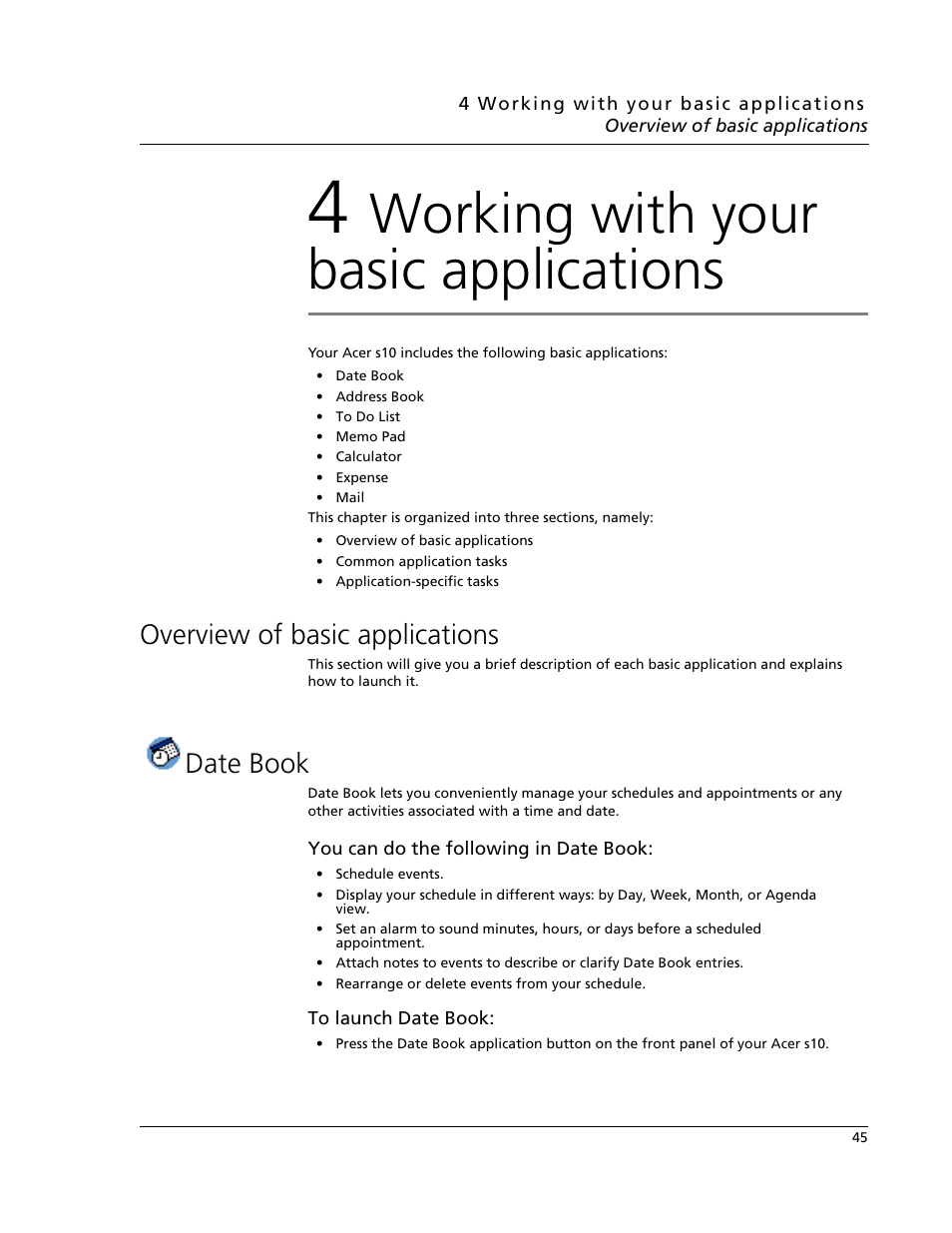 4 working with your basic applications, Overview of basic applications, Date book | Overview of basic applications date book, Working with your basic applications | Acer s10 User Manual | Page 63 / 338