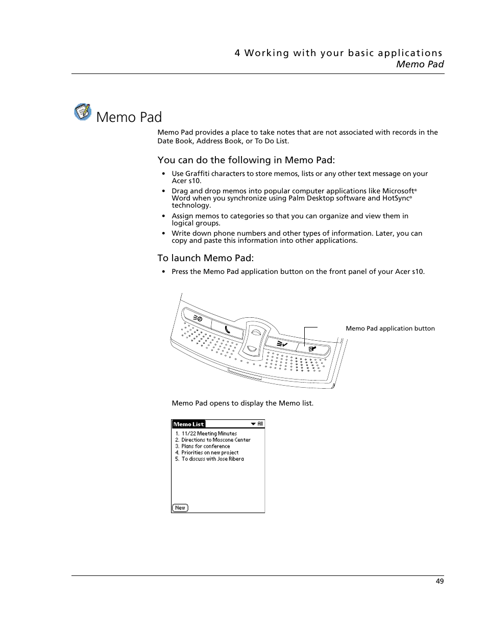 Memo pad | Acer s10 User Manual | Page 67 / 338