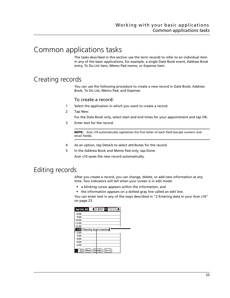 Common applications tasks, Creating records, Editing records | Acer s10 User Manual | Page 71 / 338