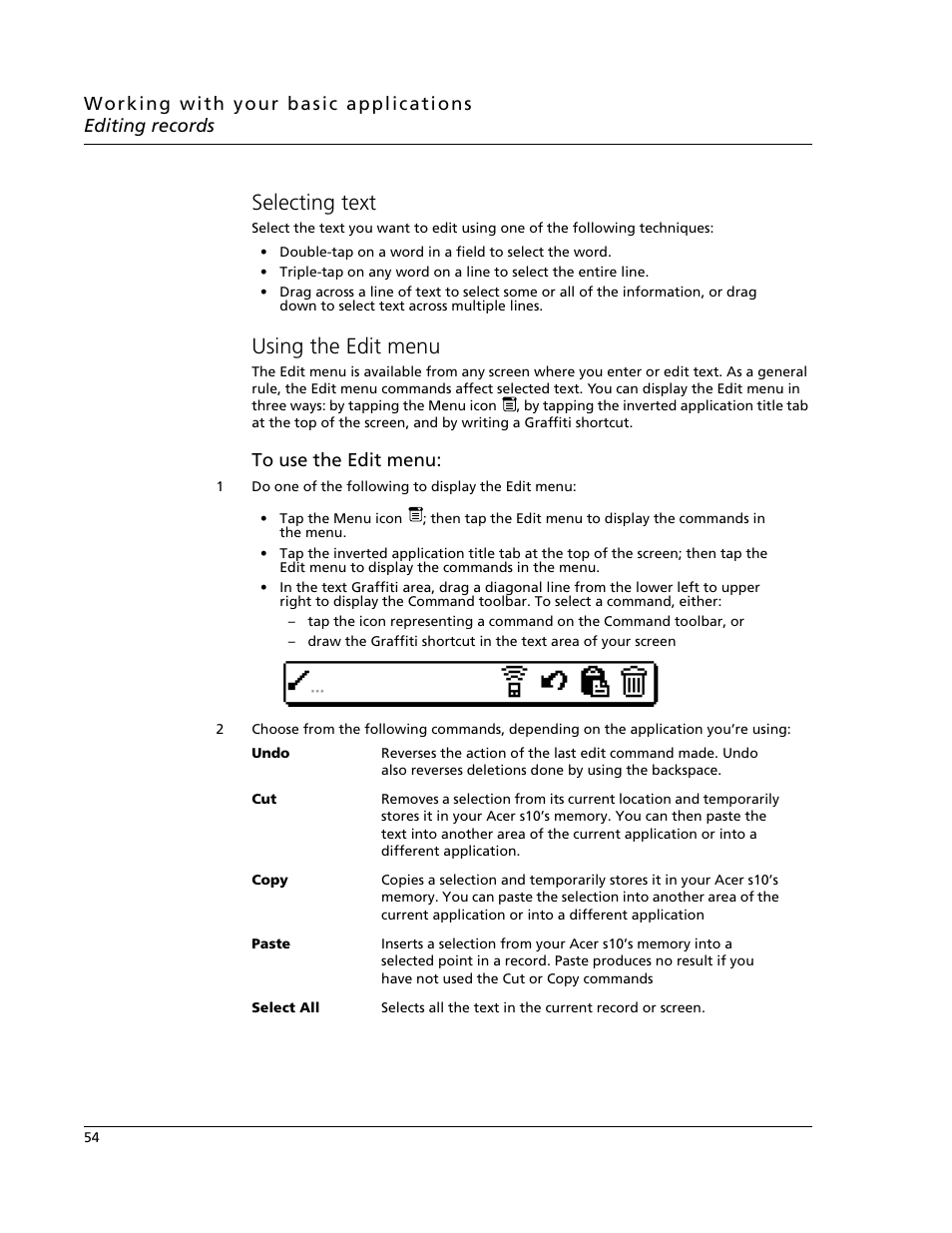 Selecting text, Using the edit menu, Selecting text using the edit menu | Acer s10 User Manual | Page 72 / 338