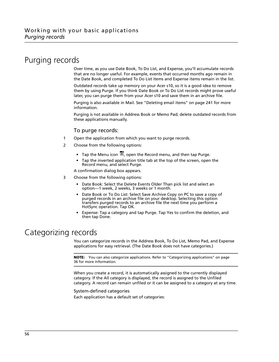 Purging records, Categorizing records, Purging records categorizing records | Acer s10 User Manual | Page 74 / 338