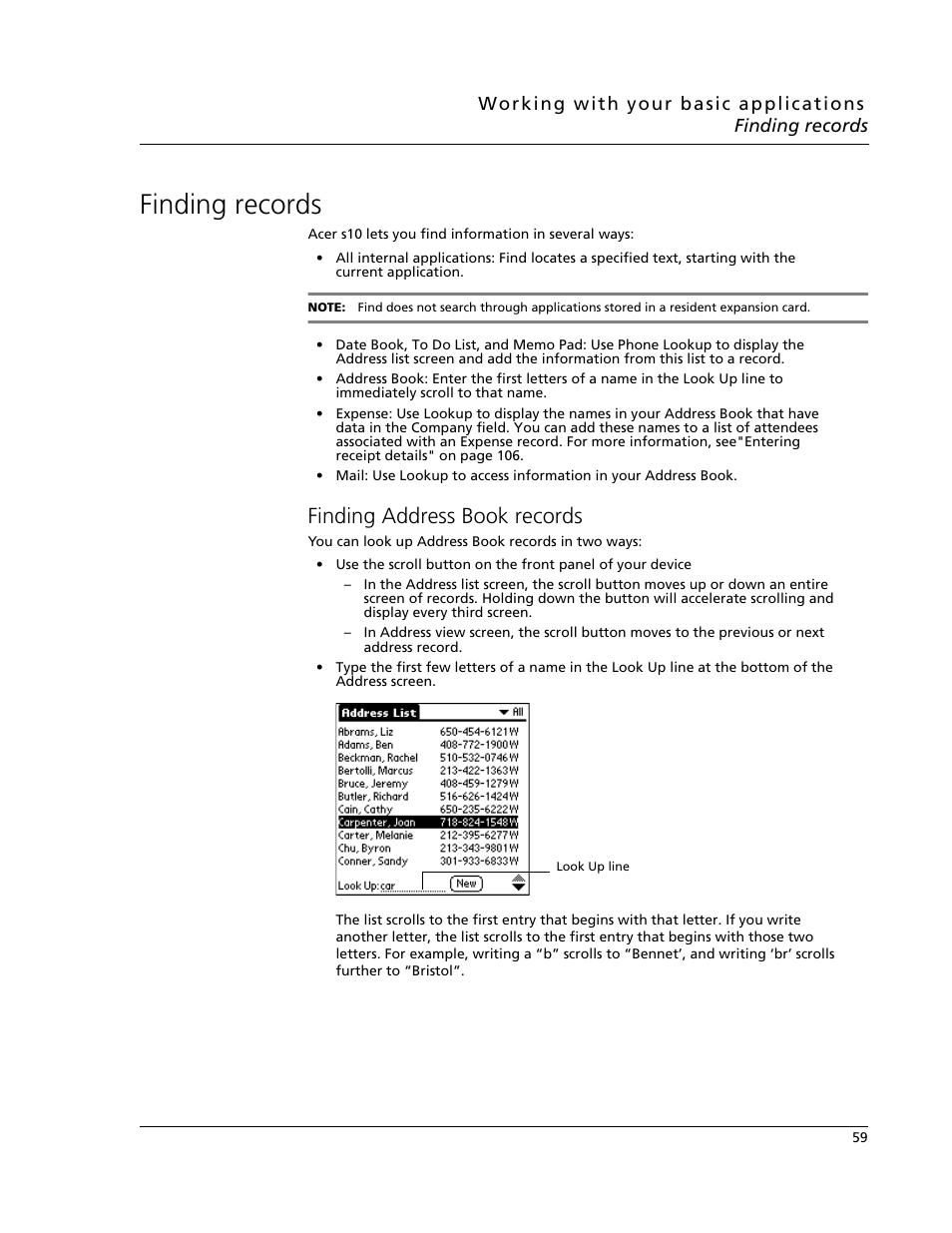 Finding records, Finding address book records | Acer s10 User Manual | Page 77 / 338