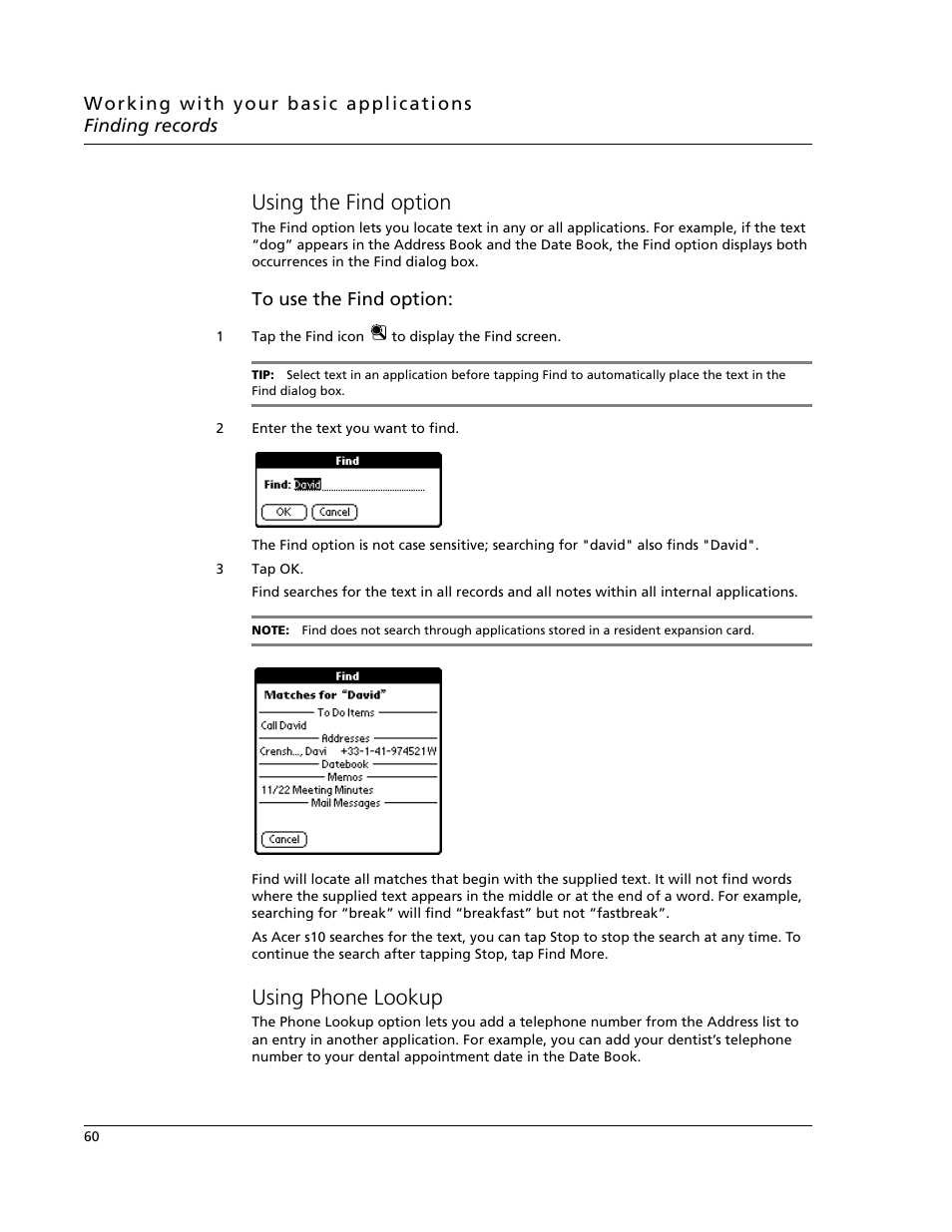 Using the find option, Using phone lookup, Using the find option using phone lookup | Acer s10 User Manual | Page 78 / 338