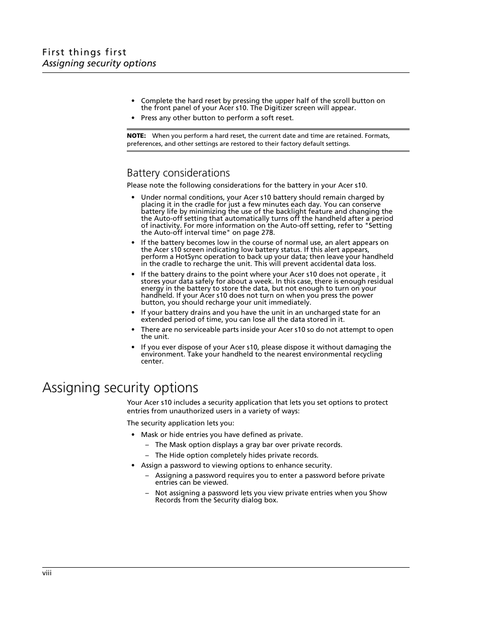 Battery considerations, Assigning security options | Acer s10 User Manual | Page 8 / 338