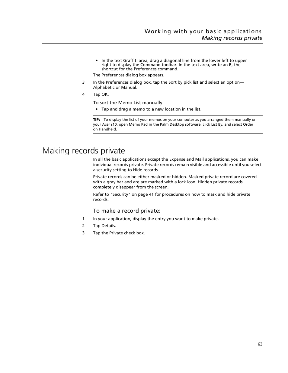 Making records private | Acer s10 User Manual | Page 81 / 338