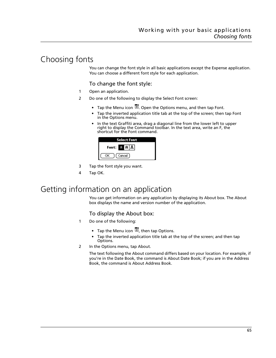 Choosing fonts, Getting information on an application | Acer s10 User Manual | Page 83 / 338