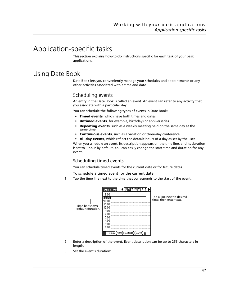 Application-specific tasks, Using date book, Scheduling events | Application-specific tasks using date book | Acer s10 User Manual | Page 85 / 338