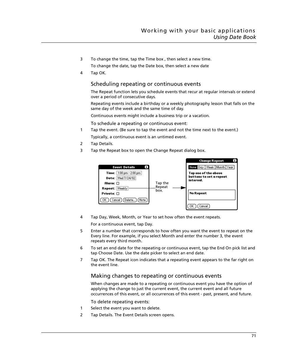 Scheduling repeating or continuous events, Making changes to repeating or continuous events | Acer s10 User Manual | Page 89 / 338