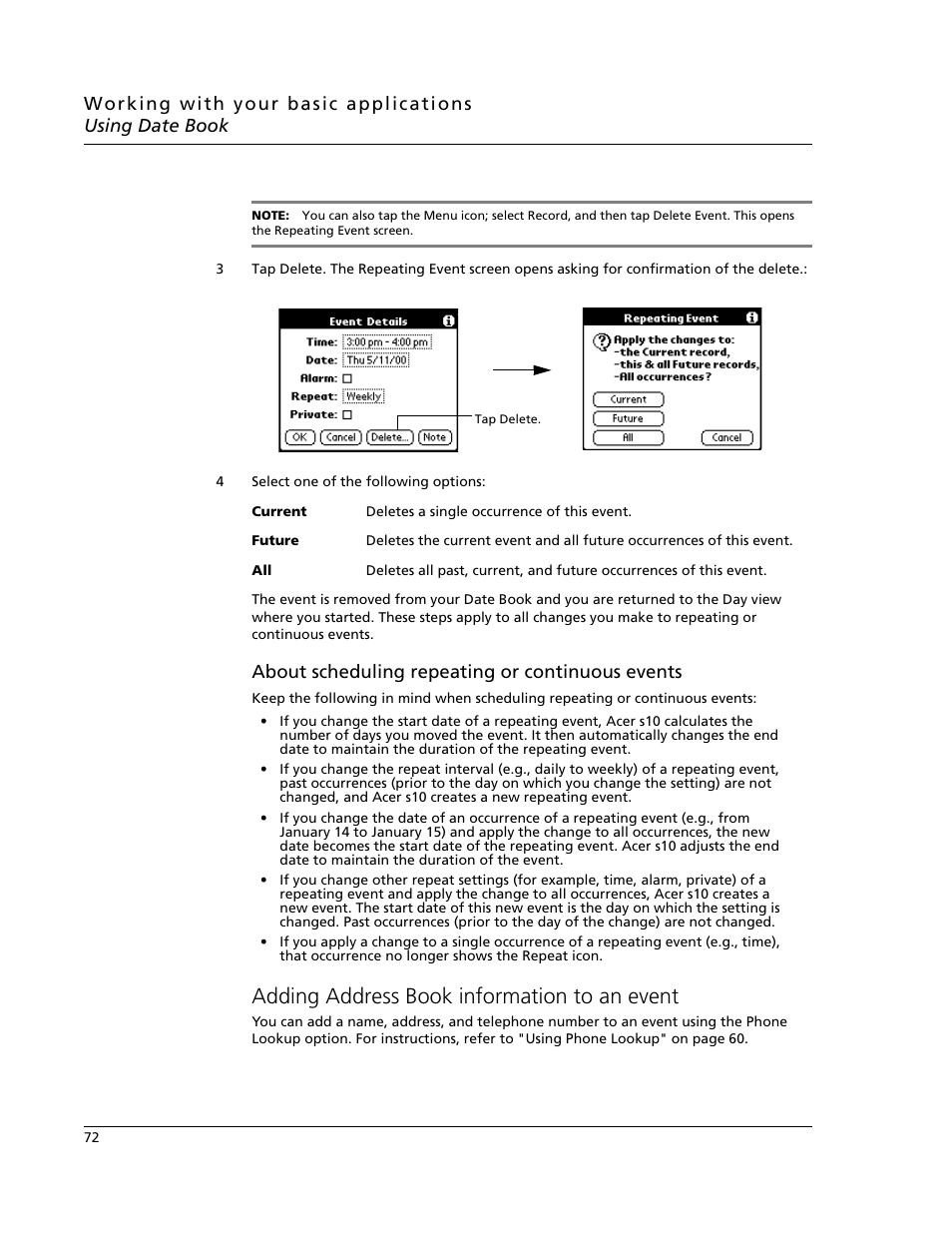 Adding address book information to an event, About scheduling repeating or continuous events | Acer s10 User Manual | Page 90 / 338