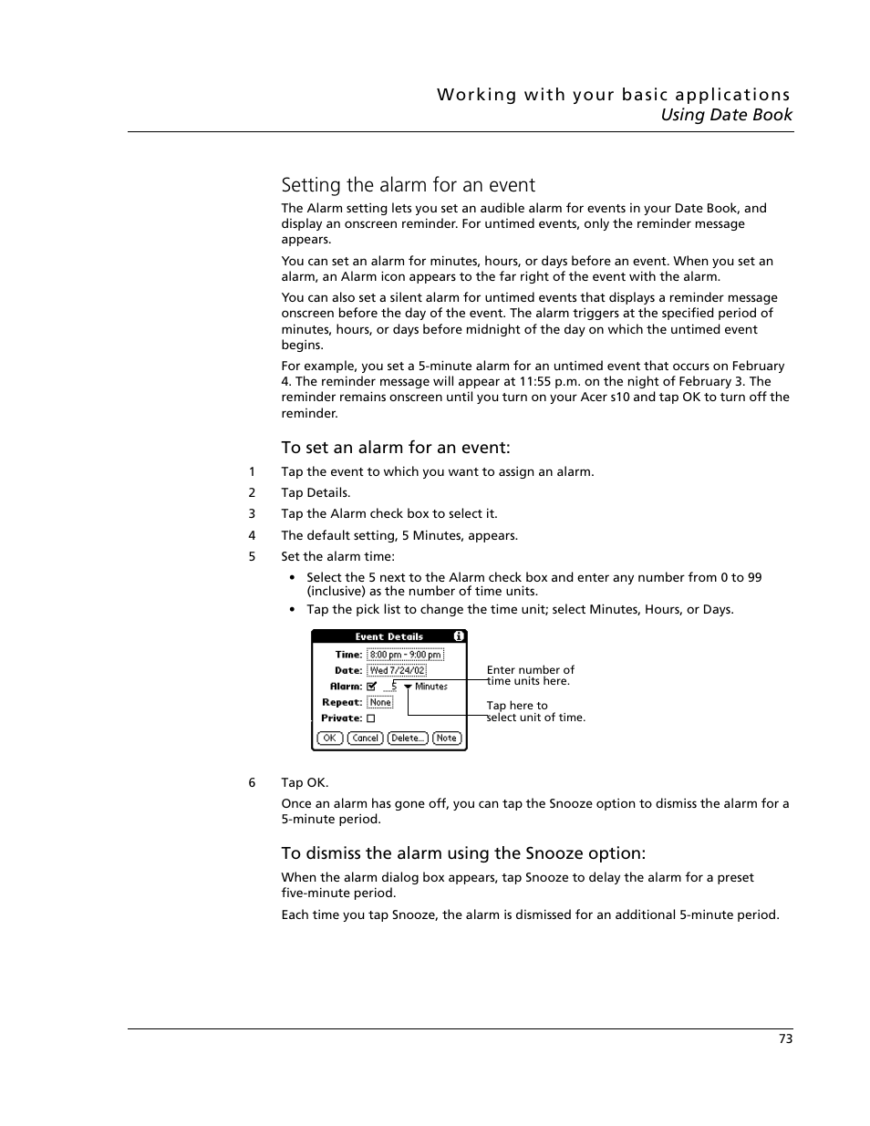 Setting the alarm for an event | Acer s10 User Manual | Page 91 / 338