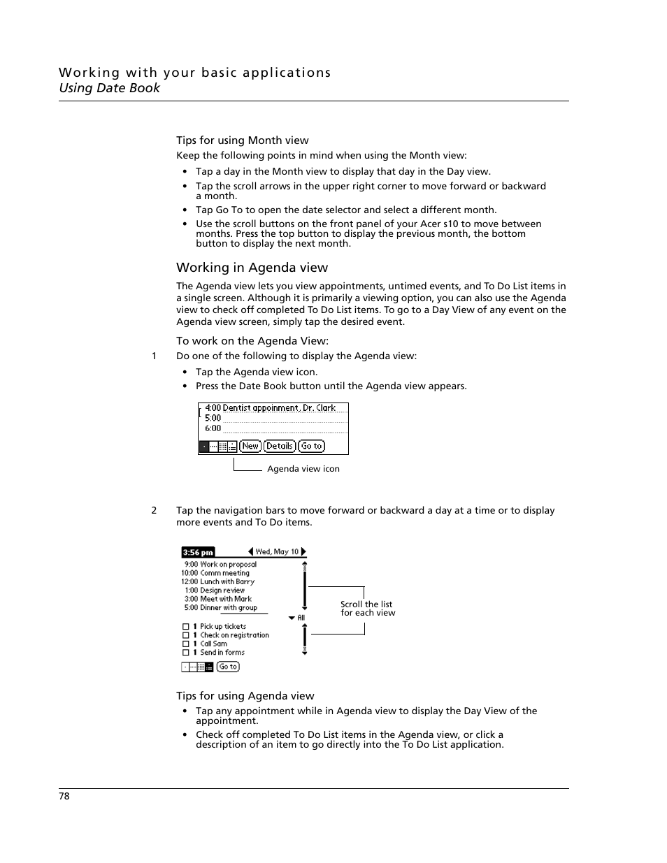 Working in agenda view | Acer s10 User Manual | Page 96 / 338