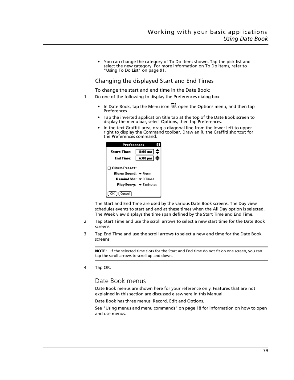 Date book menus, Changing the displayed start and end times | Acer s10 User Manual | Page 97 / 338